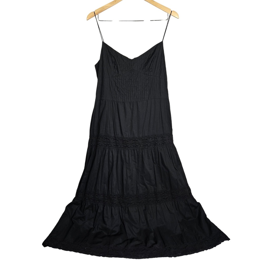 Ann Taylor Loft Black Cotton Tiered‎ Midi Dress Lace Trim Pin Tuck Size 14